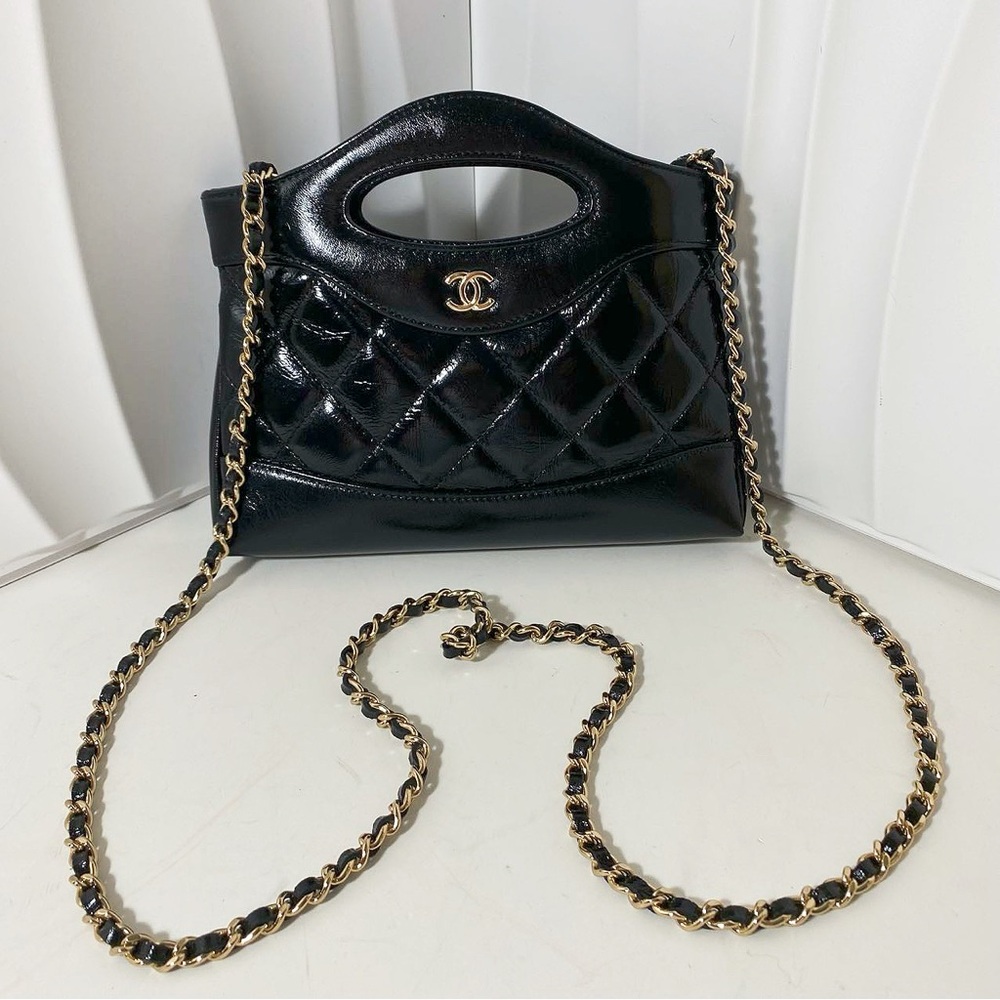 Chanel 31 Bag Nano Black Patent Leather Gold Hardware